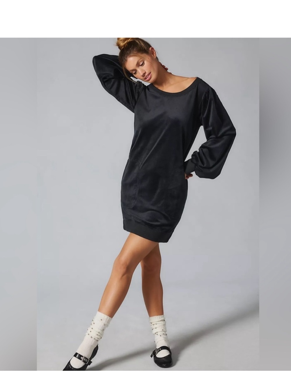 Anthropologie Daily Practice black Velvet Puff-Sleeve sweatshirt Dress size xl